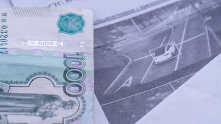 Receipt of a fine for traffic violations from an automatic traffic camera, against the background of the concept of increasing fines for such violations. High quality photoの写真素材