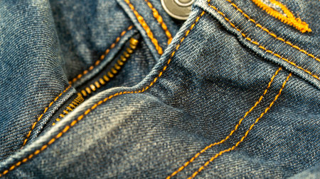 A close up of a pair of jeans with a zipper. The jeans are blue. The zipper is visible on the side of the jeansの写真素材