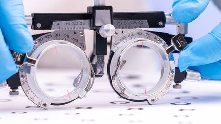 A vision specialist, wearing blue gloves, assesses visual sharpness using a unique set of glasses for lens selection. High quality photoの写真素材