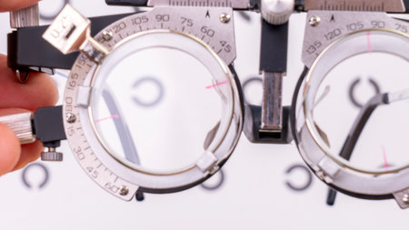 The trial frame stands out against a white, hazy backdrop. The ophthalmologists instrument, the...