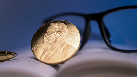 Moscow, November 11 2024, Nobel Prize in a Nobel Prize in a research facility against a backdrop of azure.research facility against a backdrop of azure. High quality photoのeditorial素材