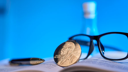 Moscow, November 11 2024, Nobel Prize. Nobel Prize winner in a scientific laboratory with a blue background. High quality photoのeditorial素材