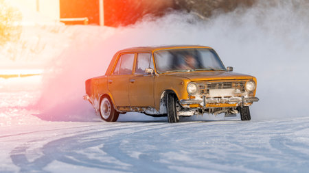 Car drifting snow The car skidded on a snowy road in winter, icy ice on the roads. High quality...
