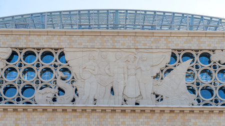 Moscow September 08 2024, The facade of the building of the Luzhniki Aquacomplex after reconstruction in Moscow. Close-up. High quality photoのeditorial素材