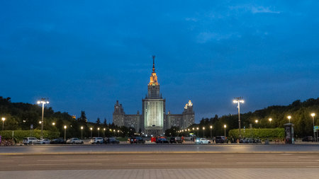 Moscow, August 23 2025, Lomonosov Moscow University building on an evening summer day. Moscow sightseeing tour of all the sights. High quality photoのeditorial素材