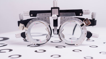 Eye astigmatism, vision health check with an optometrist. Trial frame for optical lens detection....