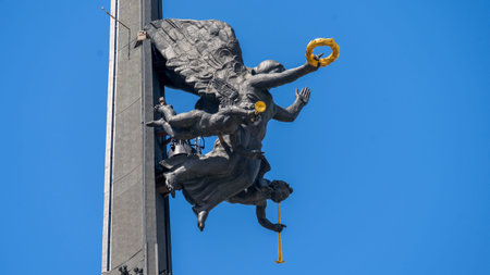 Moscow, May 05 2024, Victory Monument Poklonnaya Gora Moscow. At a height of 104 meters, a 25-ton bronze statue of the goddess of victory Nika is installed on the monument. High quality photoのeditorial素材