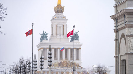 Moscow, December 25 2025, Pavilion No. 1 Central VDNH Moscow, featuring the inscription Union of Soviet Socialist Republics and the state emblem of the Soviet Union. High quality photoのeditorial素材