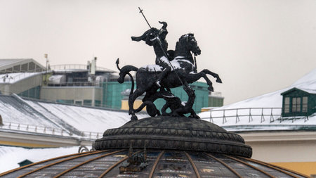 Moscow December 29 2025, St. George the Victorious Manezhnaya Square. The works of Zurab Tsereteli are crowned by the dome of the shopping center, which was created in 1997. High quality photoのeditorial素材