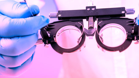 Gloved hand adjusts eye examination equipment. Purple lighting highlights medical precision....