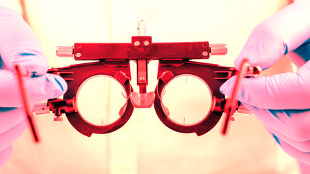 Gloved hands hold a red optical measuring device. Warm tones highlight medical precision and care....