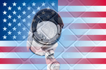 US flag surveillance camera and keyboard a US cyber intelligence concept. High quality photo