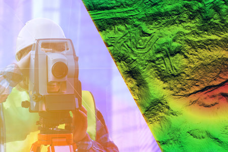 Geoedetic device engineer geodesist terrain elevation map. Engineering surveys in construction and design. High quality photoの写真素材