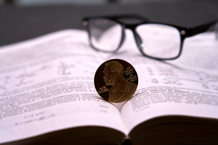 Moscow December 20 2026, Nobel Prize, scientists glasses and the Nobel Prize for a scientific book....