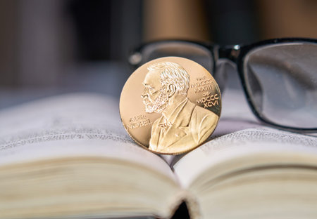 Moscow December 20 2026, Nobel Prize, scientists glasses and the Nobel Prize for a scientific book....
