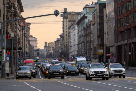 Moscow, November 04, 2025, Tverskaya Street in Moscow. Traffic lights cars are standing at a red...