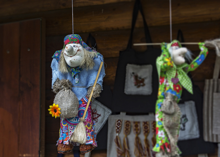 Belarus, Dudutki - 11.07.2017: Toy Baba Yaga, the heroine of Russian folk tales sewn from clothのeditorial素材