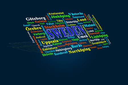 On a dark background is written the word Sweden and listed cities in Swedishの写真素材