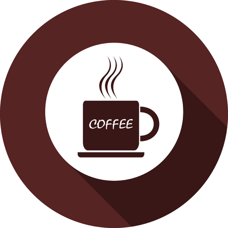 An icon of a cup of coffee with an inscription on a white circle. White flat image with a long shadow.のイラスト素材