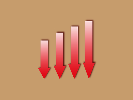 Four arrows with a red gradient pointing downの写真素材