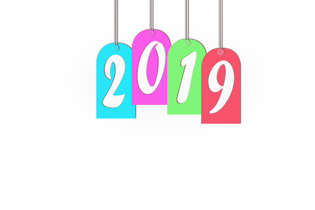 Multi-colored plates with numbers on the ropes for the design of congratulations on the new 2019 on a white backgroundの写真素材