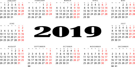 The horizontal calendar for 2019. Output is highlighted in redのイラスト素材