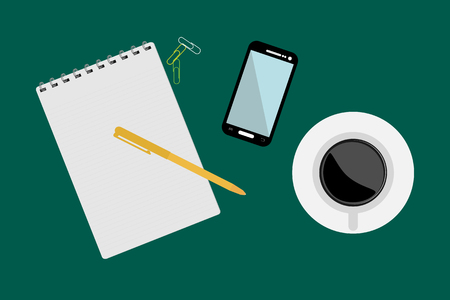 A cup of coffee, a smartphone and stationery on a single-colored color surface, top viewのイラスト素材