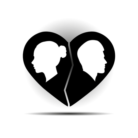 Silhouettes of a man's and a woman's face look in different directions in the contour of a split heartのイラスト素材