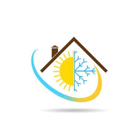 Flat logo with the image of the house, the sun with a snowflake and a gradient semicircle,のイラスト素材