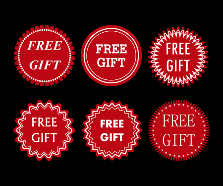 Set of 6 red stickers (labels, sticker) of different shapes with the word free giftのイラスト素材