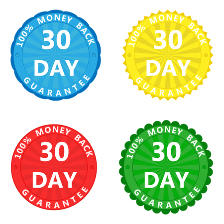 A set of colored stickers with the inscription 100 percent 30-day money back guaranteeのイラスト素材