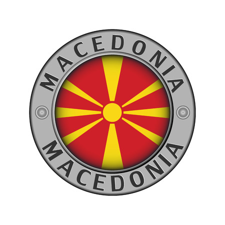 Round metal medallion with the name of the country of Macedonia and a round flag in the centerのイラスト素材