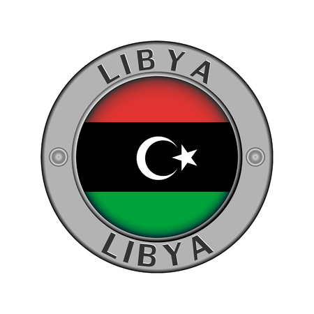 Round metal medallion with the name of the country of Libya and a round flag in the centerのイラスト素材