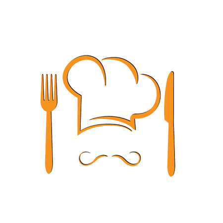 Chef's hat with fork and knife.  Conceptual illustration for logo or menu.のイラスト素材