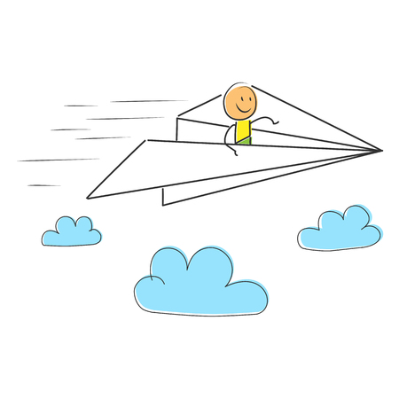 hand-drawn man controls a paper airplane and flies above the clouds.のイラスト素材