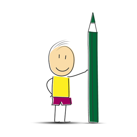 Cartoon man standing with a green pencilのイラスト素材