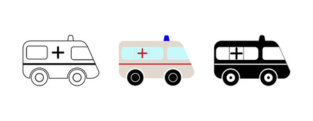 Set of 3 ambulance cars, contour, color and silhouetteのイラスト素材