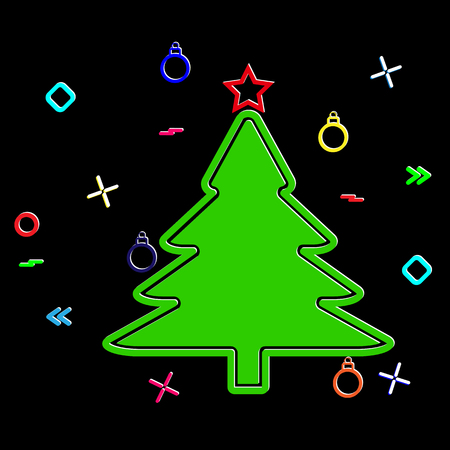 green christmas tree silhouette and festive tinsel on black backgroundのイラスト素材