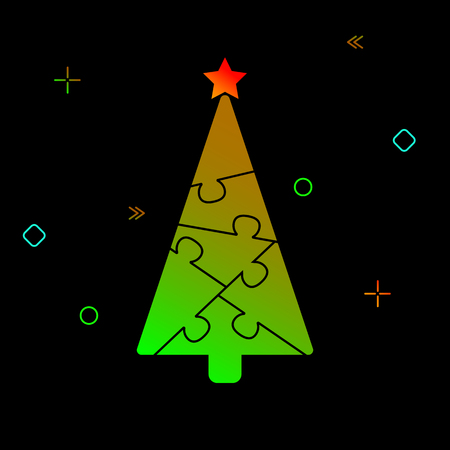 Silhouette of a Christmas tree from puzzles and festive tinsel on a black backgroundのイラスト素材