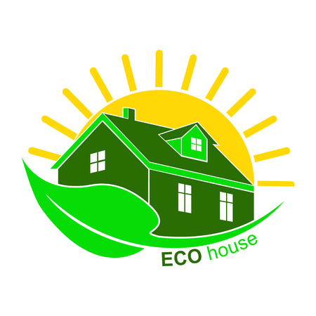 Color logo of a green ecological home against the rising sunのイラスト素材