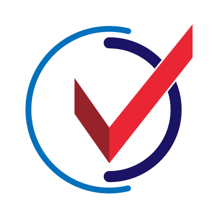 Red checkmark icon in blue circle. Two-color image.のイラスト素材