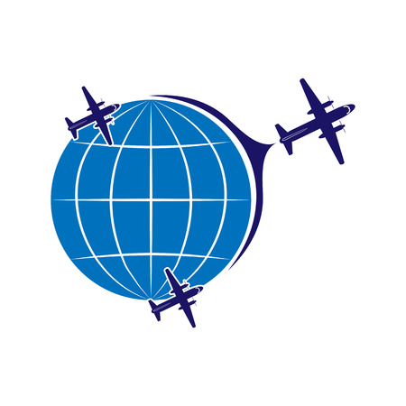 Logo on the theme of aviation, tourism and travel. Air transportation. Flight of planes and the globe.のイラスト素材