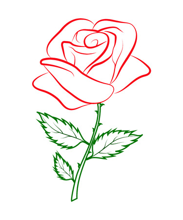 Simple outline colored drawing of a red rose on a green stalkのイラスト素材