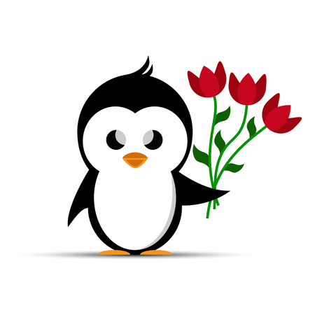 penguin holding a bouquet of red flowers, a simple imageのイラスト素材