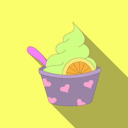 Vanilla ice cream with a slice of orange in a glass with a spoon, long shadowのイラスト素材