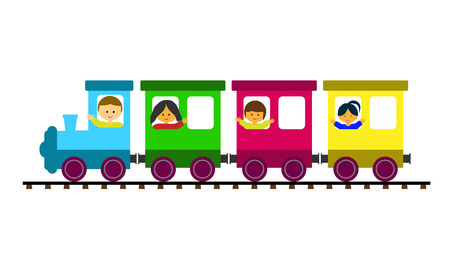 Simple colored children's train with cars and locomotive carries childrenのイラスト素材