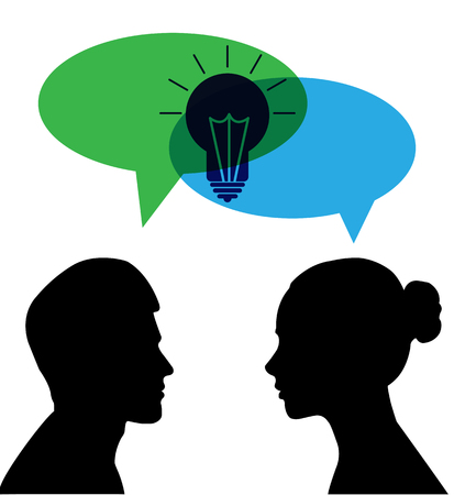 Silhouette of a woman and a man with a cloud for speech and a light bulb.のイラスト素材