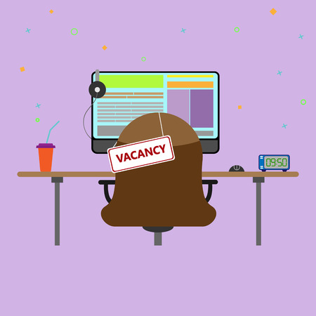 Workplace with a computer and a sign on the chair with the inscription vacancyのイラスト素材
