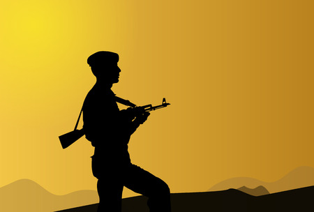 Silhouette drawing. Soldier with a gun on the background of the morning dawn.のイラスト素材