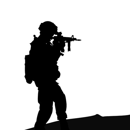 Silhouette drawing. Soldier with a gun on a white backgroundのイラスト素材